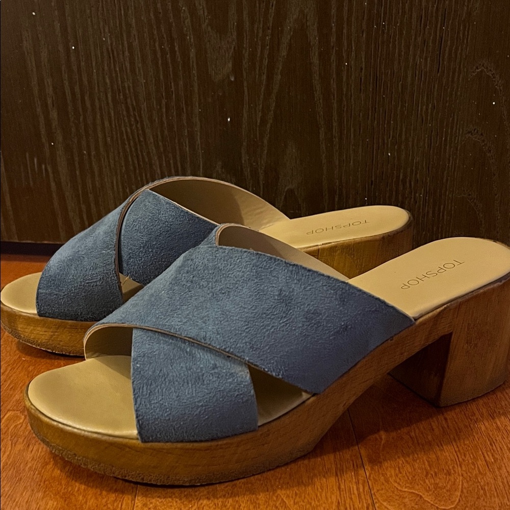 Topshop Denim Blue Crisscross Suede Block Heel Mules